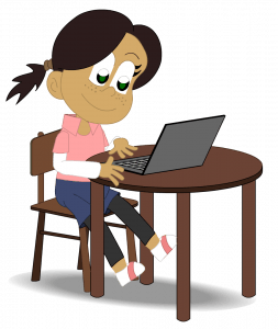 Illustrasjon med jente som sitter foran en bærbar PC og deltar i gruppe.