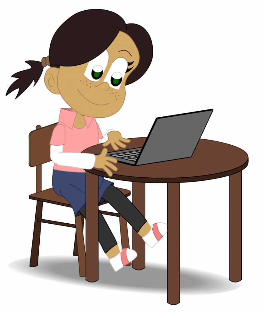 Illustrasjon med jente som sitter foran en bærbar PC og deltar i gruppe.